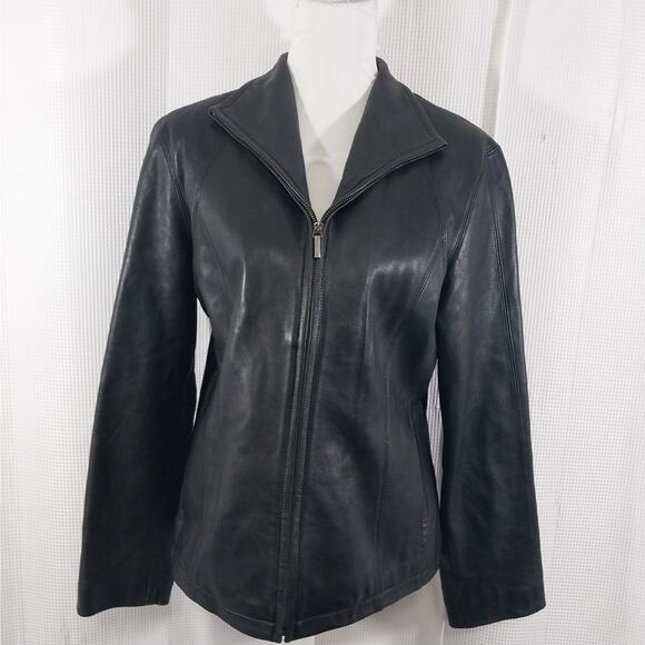 NINE WEST! SLEEK & SUPPLE BLACK GENUINE LEATHER ZIPPER FRONT JACKET, COAT! SZ M - Picture 4 of 13